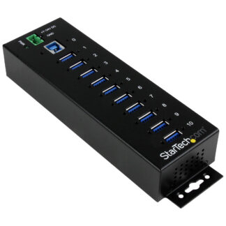 Startech 10-Port USB 3.0 Hub - Metal Industrial USB-A Hub with ESD & Surge Protection - Din Rail, Wall or Desk Mountable - TAA Compliant USB Expander Hub (ST1030USBM) - Hub - 10 x SuperSpeed USB 3.0 - montável em trilho DIN - alimentação DC - para P/